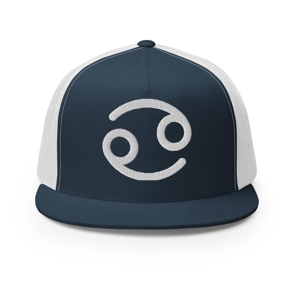 Cancer Zodiac Embroidered Flat Bill Trucker Hat - Navy/White Color - https://ascensionemporium.net